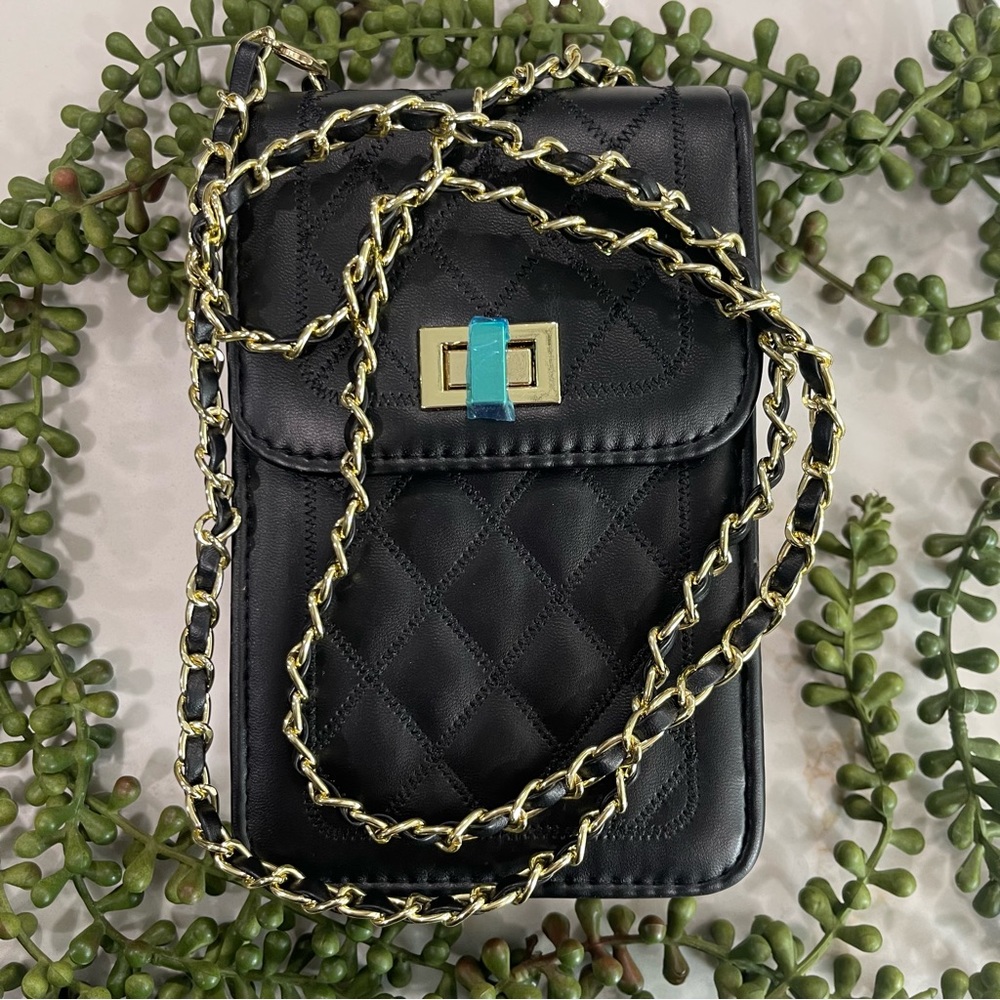 NWOT Black Faux Leather Quilted Crossbody Purse with Gold Chain Strap